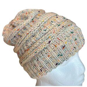 Women’s Knit Ponytail Beanie Hat – Cream with Multicolor Speckled Slouchy